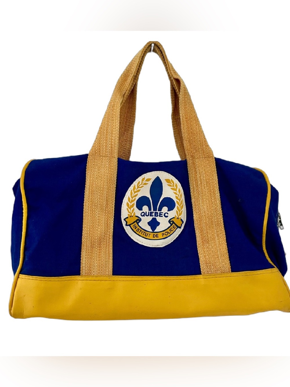 Vintage Québec Institut de Police Canvas Duffel Bag Blue Yellow Retro Gym Bag